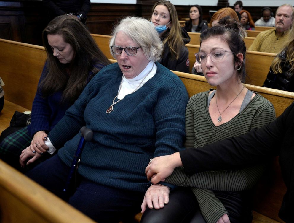 PHOTO: Kariann Swart, Joseph Rosembaum's fiancee, Susan Hughes, Anthony Huber's great-aunt, and Hannah Gittings, Anthony Huber's girlfriend, listen to the verdict at the conclusion of Kyle Rittenhouse's trial in Kenosha, Wis., Nov. 19, 2021.