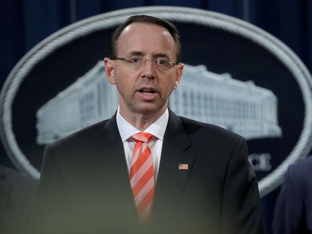 PHOTO: Deputy Attorney General Rod Rosenstein speaks at a press conference at the Department of Justice, March 23, 2018, in Washington, D.C.