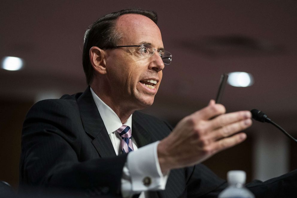 PHOTO: Former U.S. Deputy Attorney General Rod Rosenstein testifies at hearing of the Senate Judiciary Committee on Capitol Hill, June 3, 2020, in Washington, D.C.