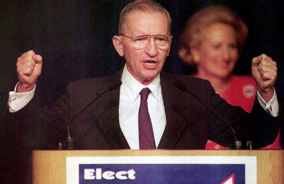 PHOTO: Independent presidential candidate Ross Perot delivers his concession speech to the crowd gathered on Nov. 3, 1992, at his election night headquarters after Democrat Bill Clinton won the presidential election.