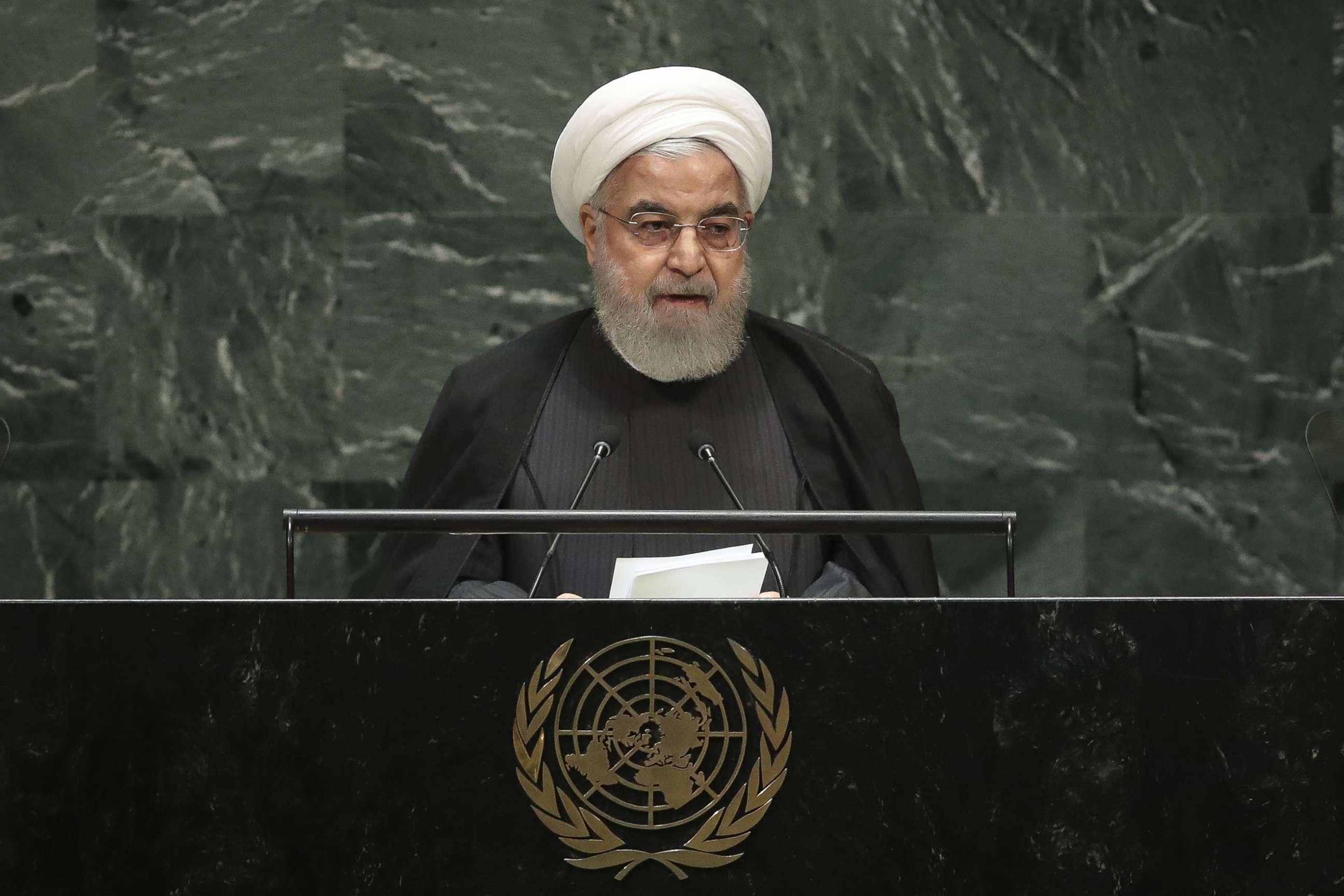 PHOTO: President of Iran Hassan Rouhani addresses the United Nations General Assembly at UN headquarters on September 25, 2019, in New York.