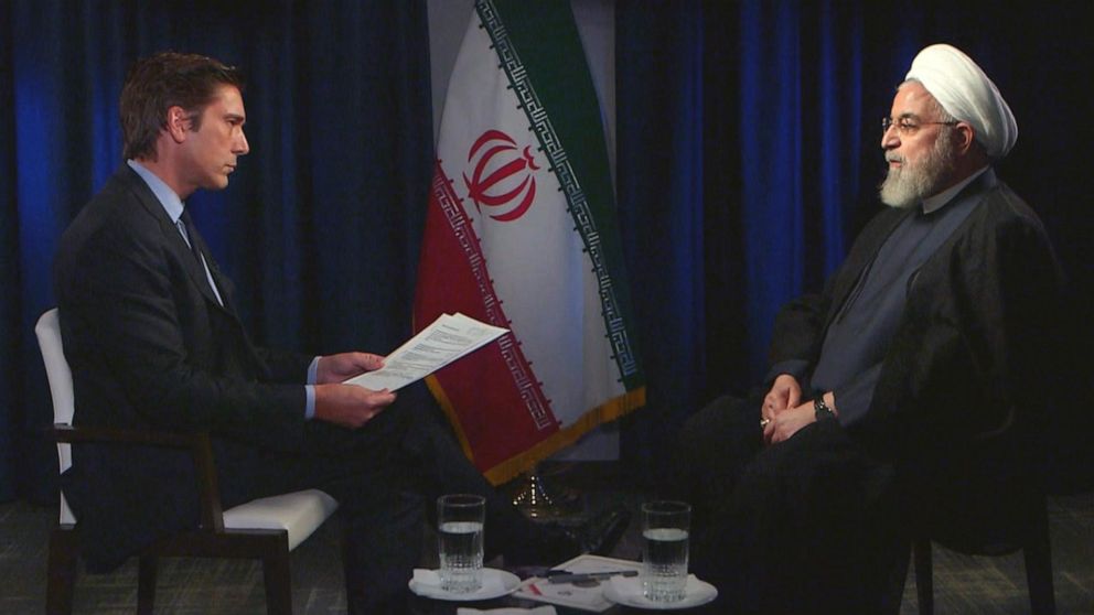 PHOTO: ABC News' anchor David Muir spokes to Iran President Hassan Rouhani in a one-on-one interview in New York on Wednesday.