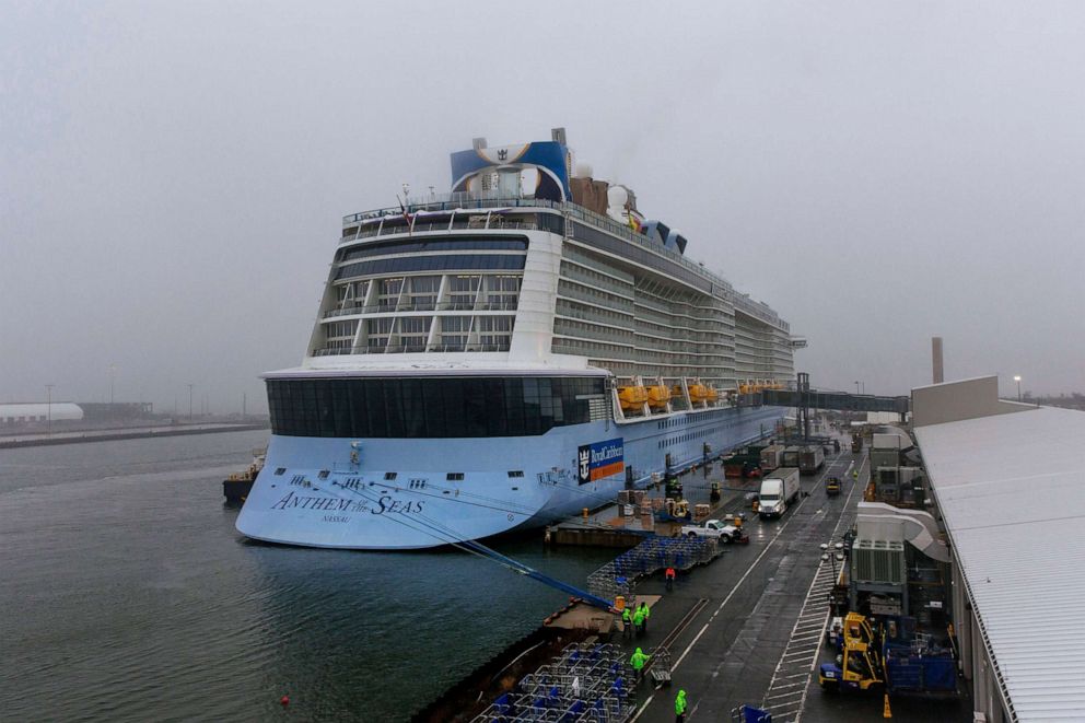 PHOTO: The cruise ship Anthem of the Seas is docked at the Cape Liberty Cruise Port in Bayonne, New Jersey, on Feb. 7, 2020. Passengers were screened, as a precaution, for the novel coronavirus.