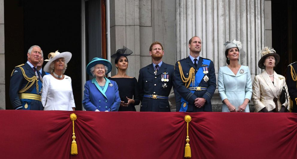 PHOTO: In this July 10, 2018, file photo, members of the royal family stand on the balcony of Buckingham Palace to view a flypast to mark the centenary of the Royal Air Force in London.