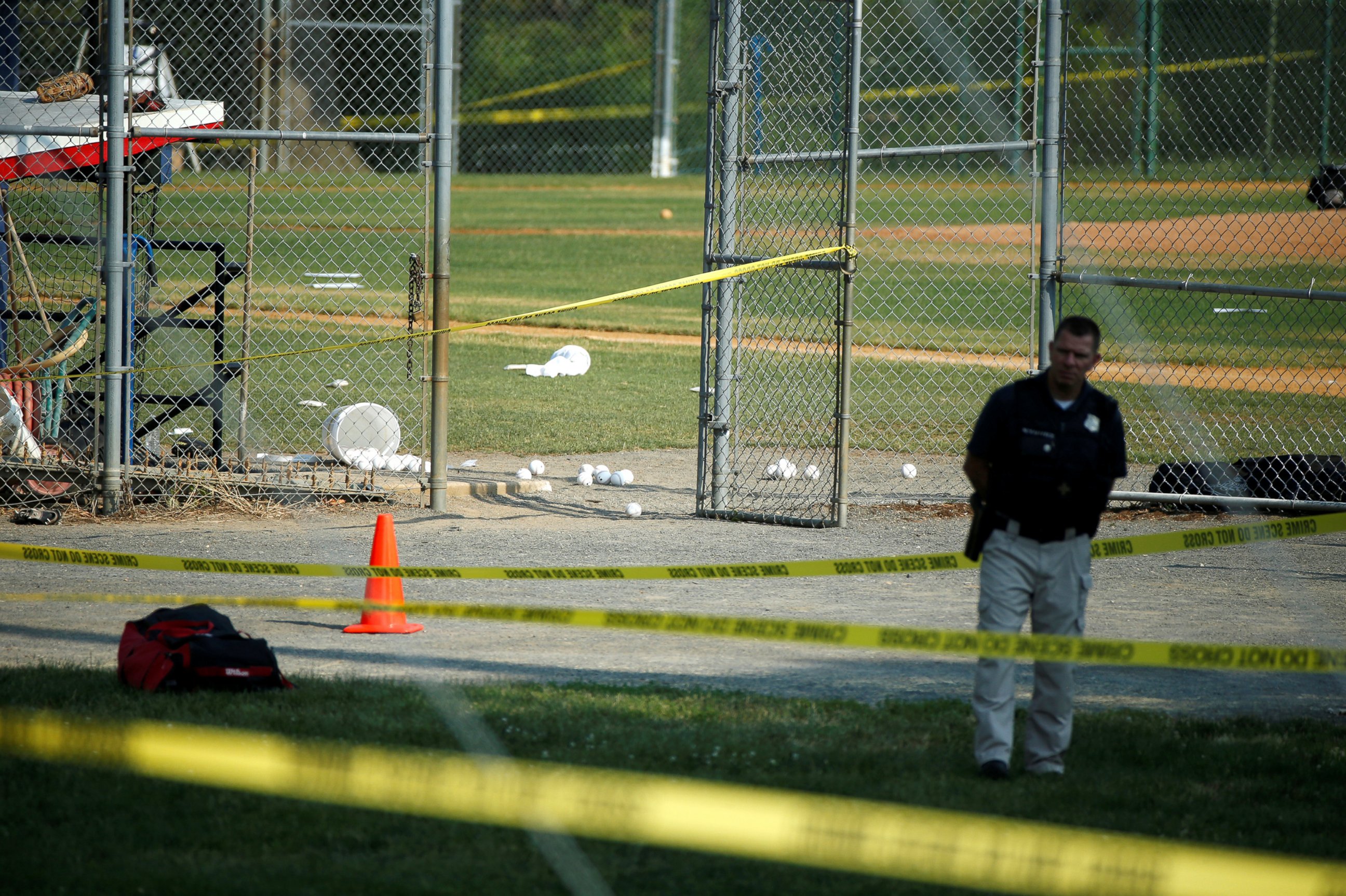 PHOTO: A police officer at the scene of a shooting where a gunman opened fire on members of Congress during a baseball practice in Alexandria, Va., near Washington, D.C., June 14, 2017. 