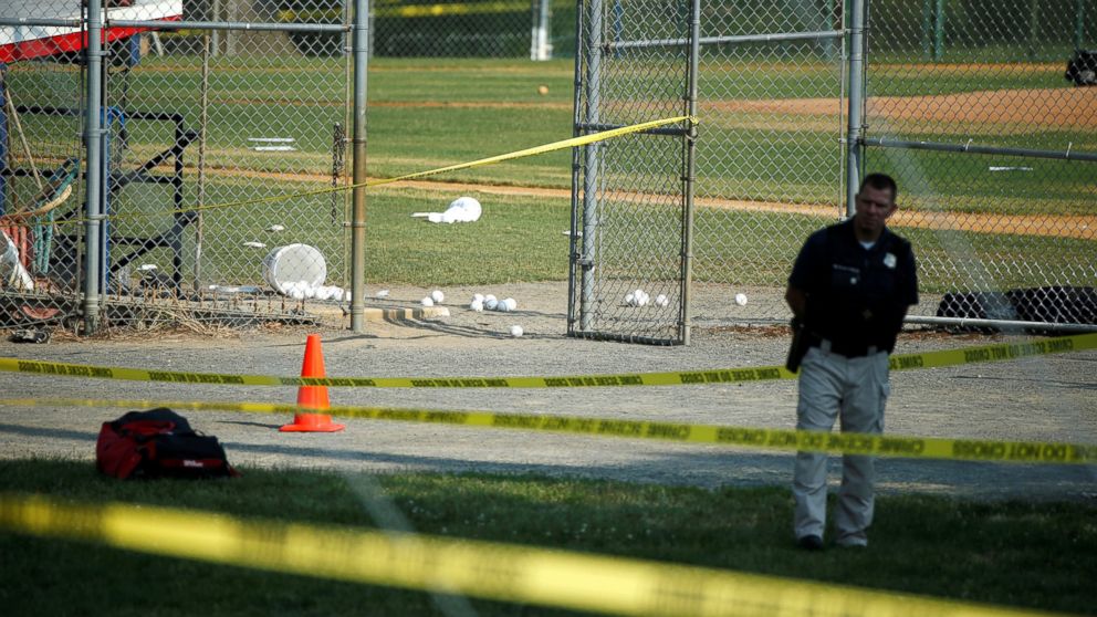 A police officer at the scene of a shooting where a gunman opened fire on members of Congress during a baseball practice in Alexandria, Va., near Washington, D.C., June 14, 2017. 