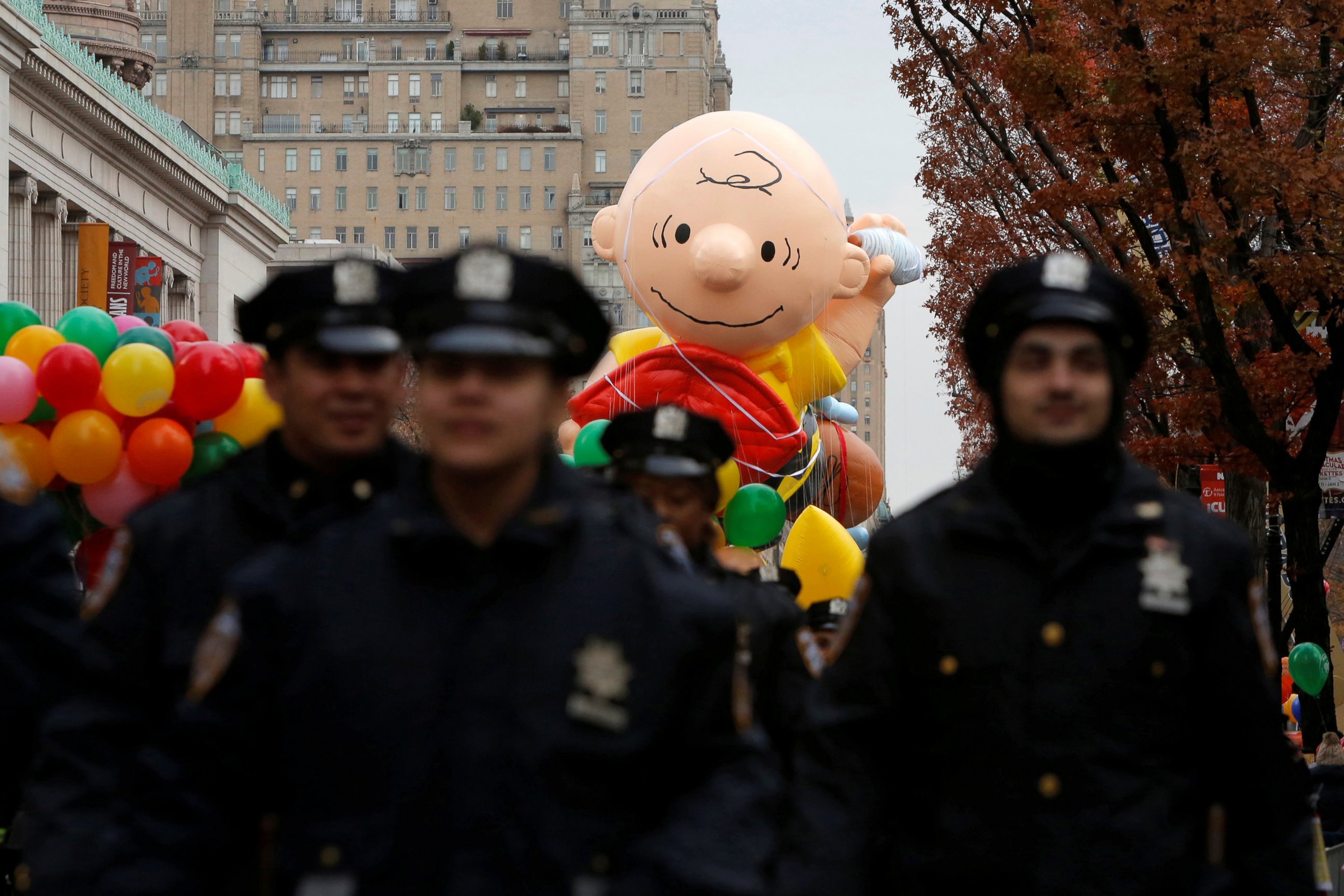 PHOTO: Members of the New York Police Department walk the parade route before the 90th Macy's Thanksgiving Day Parade in Manhattan, New York, Nov. 24, 2016.  