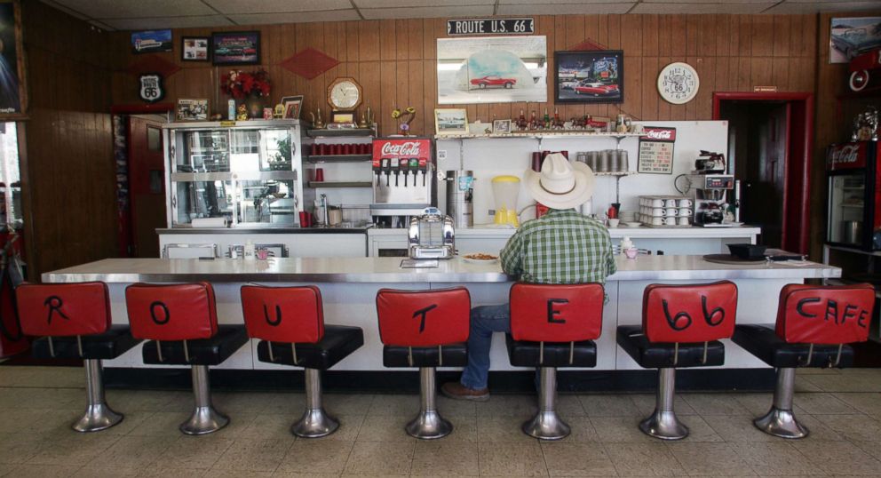 PHOTO: A customer sits at the counter of the Route 66 Cafe located in Santa Rosa, New Mexico.