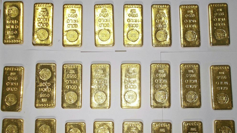 Gold bars seized by custom officers are displayed at Netaji Subhas Chandra Bose International Airport in Kolkata, India, Nov. 19, 2013.