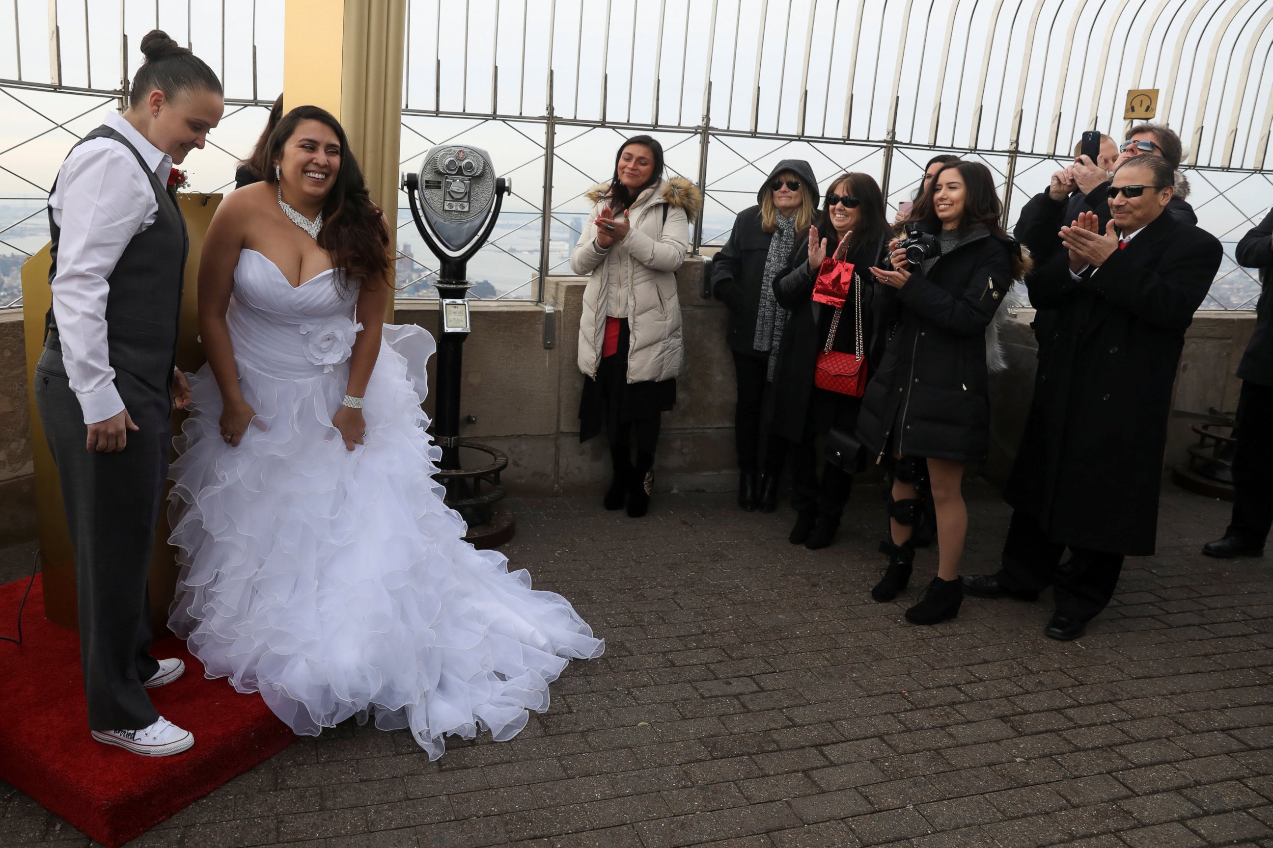 PHOTO: Krista Owens and Danielle Reno smile after exchanging their vows at their Valentine's Day wedding ceremony on top of the Empire State Building in New York, Feb. 14, 2017.