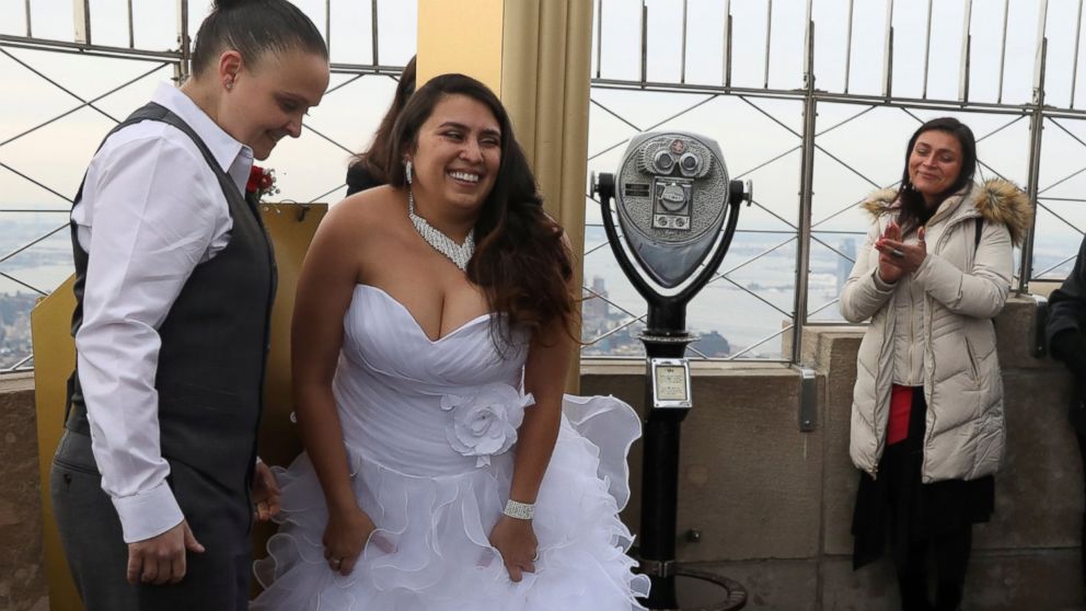 PHOTO: Krista Owens and Danielle Reno smile after exchanging their vows at their Valentine's Day wedding ceremony on top of the Empire State Building in New York, Feb. 14, 2017.