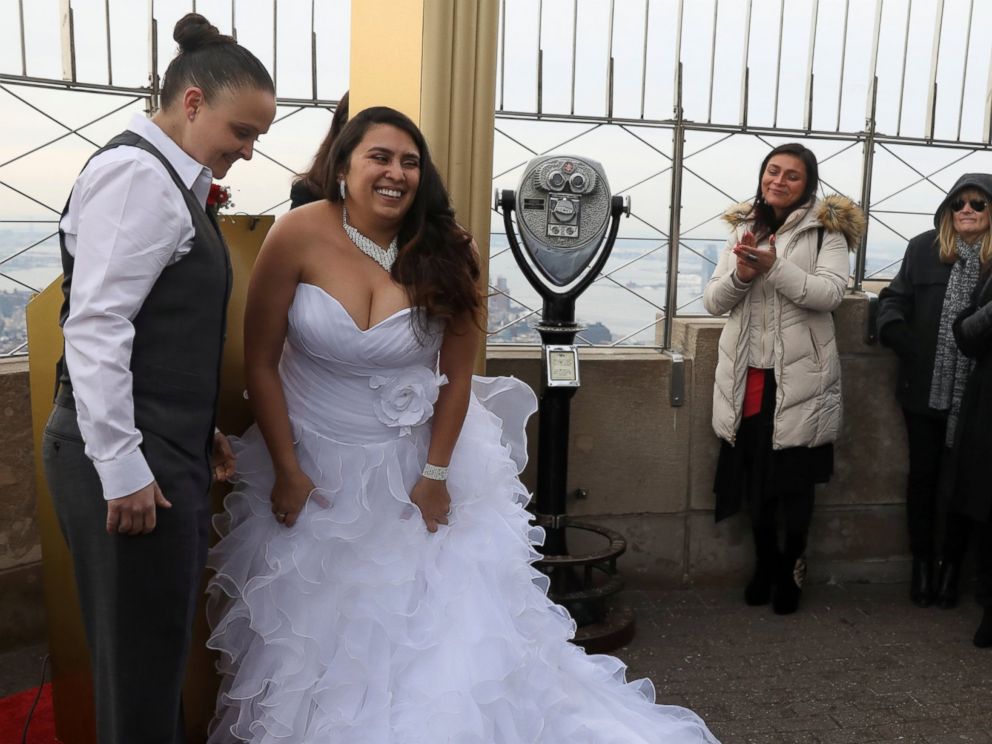PHOTO: Krista Owens and Danielle Reno smile after exchanging their vows at their Valentines Day wedding ceremony on top of the Empire State Building in New York, Feb. 14, 2017.