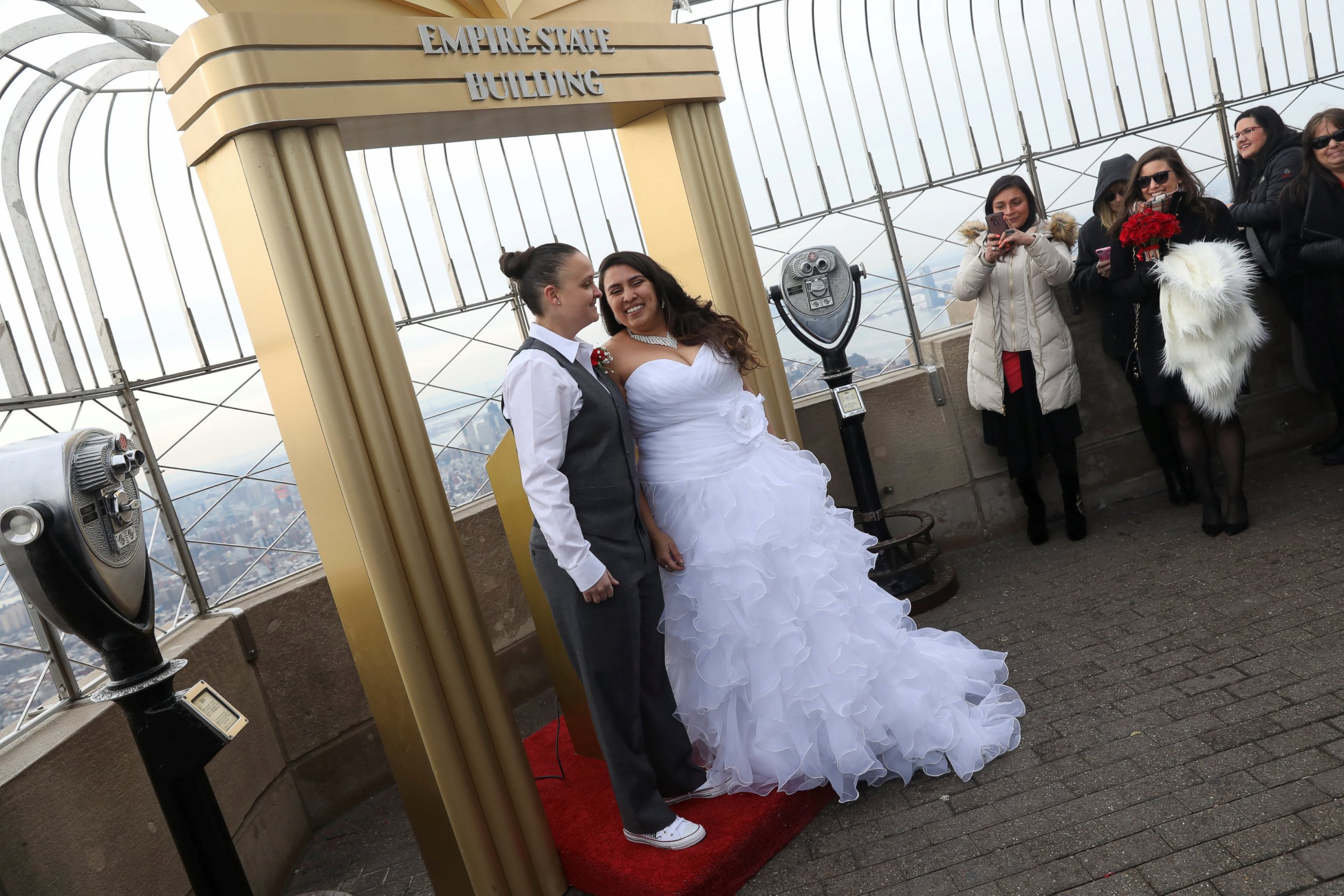 PHOTO: Krista Owens and Danielle Reno smile after exchanging vows at their Valentine's Day wedding ceremony on top of the Empire State Building in New York, Feb. 14, 2017.