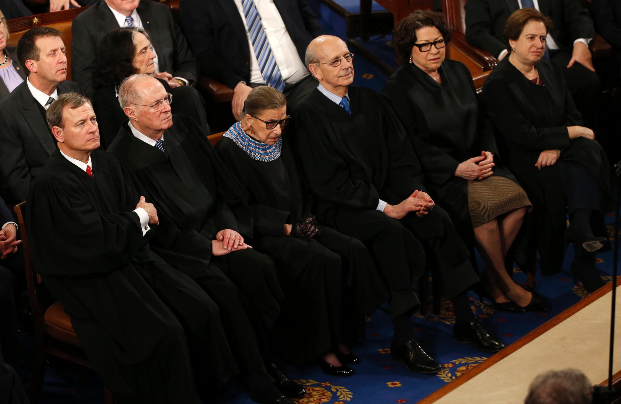 PHOTO: John Roberts, Anthony Kennedy, Ruth Bader Ginsburg, Stephen Breyer, Elena Kagan and Sonya Sotomayor listen to President Barack Obama as he delivers his State of the Union address in Washington, Jan. 20, 2015.