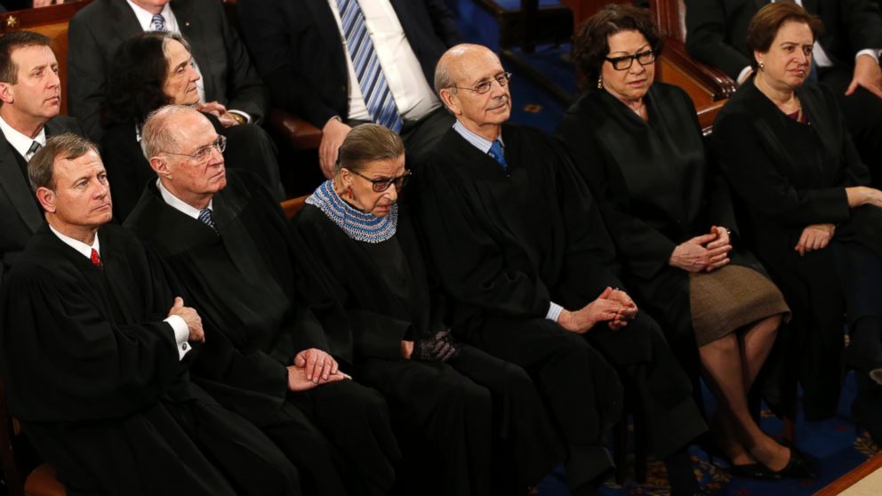 PHOTO: John Roberts, Anthony Kennedy, Ruth Bader Ginsburg, Stephen Breyer, Elena Kagan and Sonya Sotomayor listen to President Barack Obama as he delivers his State of the Union address in Washington, Jan. 20, 2015.
