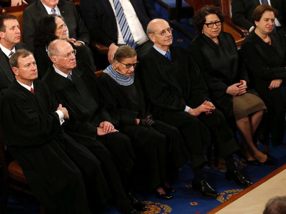 PHOTO: John Roberts, Anthony Kennedy, Ruth Bader Ginsburg, Stephen Breyer, Elena Kagan and Sonya Sotomayor listen to President Barack Obama as he delivers his State of the Union address in Washington, Jan. 20, 2015.