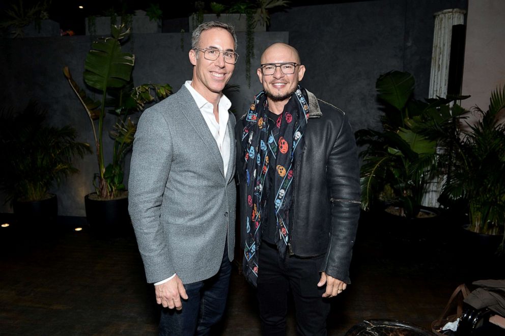 PHOTO: Mark Hartnett and Rubem Robierb attend as Rubem Robierb unveils a new sculpture dedicated to the transgender GNC community In NYC's Tribeca Park, in Partnership with Mastercard, Nov. 4, 2019, in New York City.