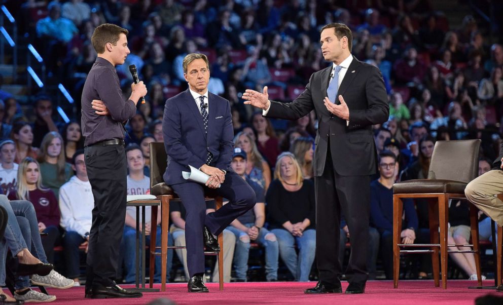 PHOTO: Marjory Stoneman Douglas High School student Cameron Kasky asks a question to Sen. Marco Rubio during a CNN town hall meeting at the BB&T Center in Sunrise, Fla., Feb. 21, 2018.