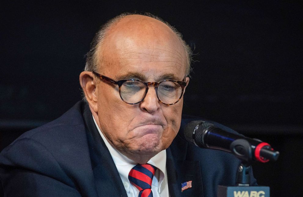 PHOTO: Former New York City Mayor Rudy Giuliani reacts during a talk radio show at the WABC studios in New York, Sept. 10, 2021. 
