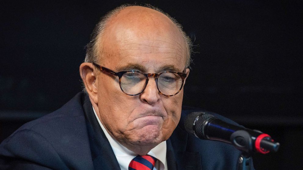 PHOTO: Former New York City Mayor Rudy Giuliani reacts during a talk radio show at the WABC studios in New York, Sept. 10, 2021. 