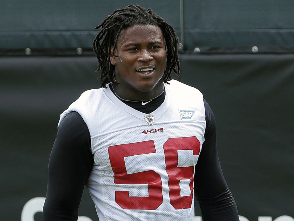 PHOTO: San Francisco 49ers linebacker Reuben Foster walks on the field during a practice at the team's NFL football training facility in Santa Clara, Calif., May 30, 2018. 