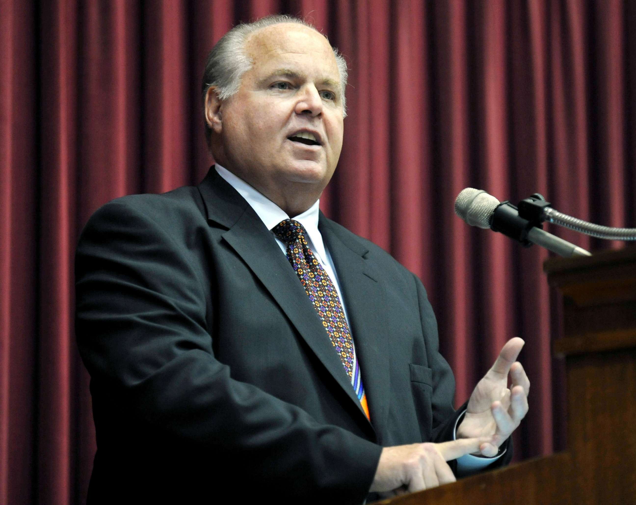 PHOTO: Conservative commentator Rush Limbaugh speaks during a ceremony inducting him into the Hall of Famous Missourians at the state Capitol in Jefferson City, Mo., May 14, 2012.