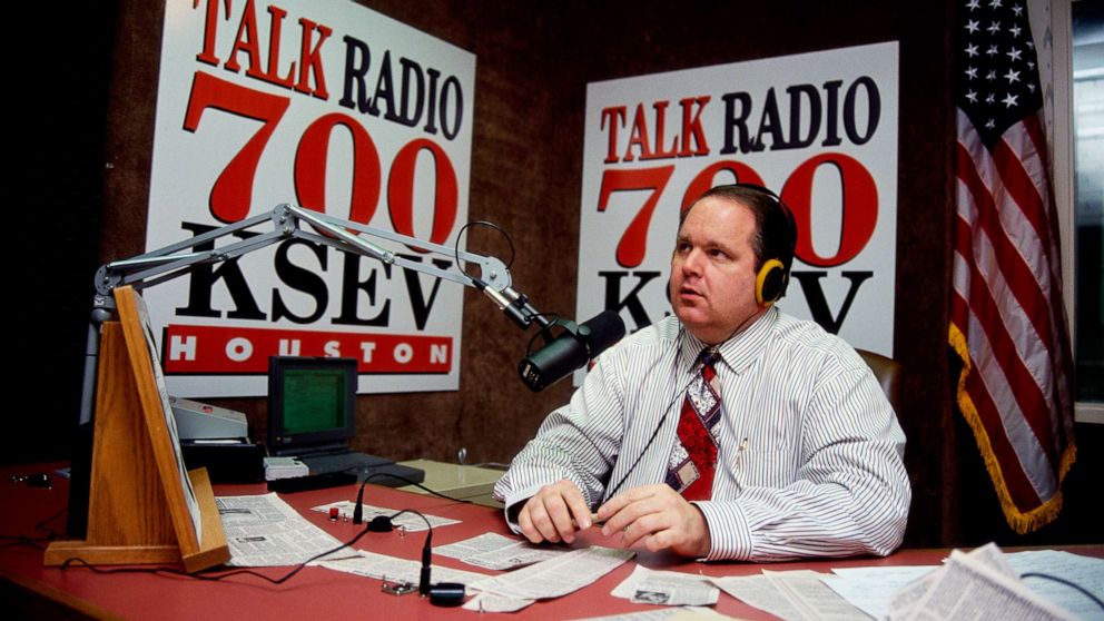 PHOTO: Conservative radio host Rush Limbaugh sits at his desk at Talk Radio 700 KSEV during the Republican National Convention in Houston.
