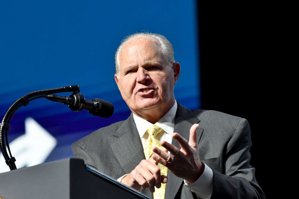 PHOTO: Rush Limbaugh speaks before President Donald Trump takes the stage during the Turning Point USA Student Action Summit at the Palm Beach County Convention Center in West Palm Beach, Fla., Dec. 21, 2019.