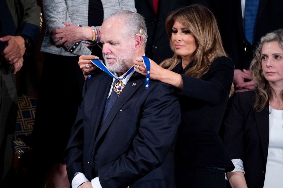 PHOTO: First lady Melania Trump awards Rush Limbaugh the Presidential Medal of Freedom during the State of the Union address in the House Chamber, Feb. 4, 2020.