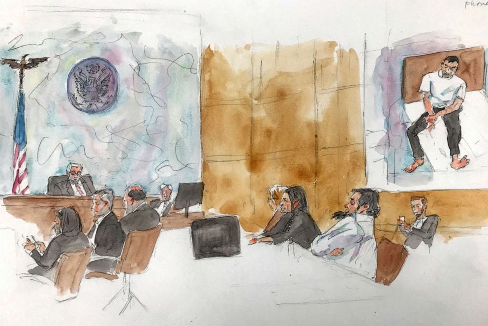 PHOTO: In this courtroom sketch, Ruslan Maratovich Asainov, foreground right, appears in federal court, on Feb. 7, 2023, in New York.