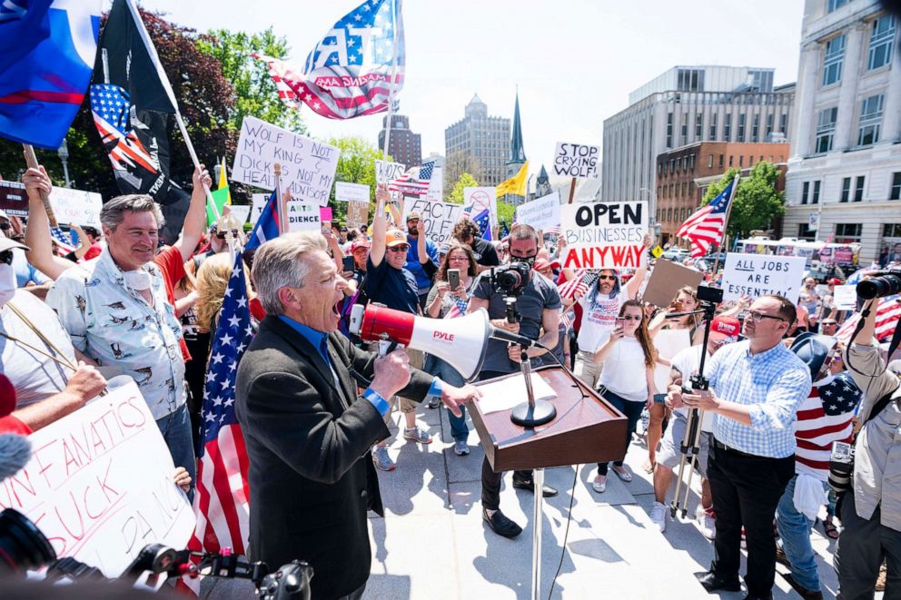 PHOTO: In this May 15, 2020, file photo, Pennsylvania state representative Russ Diamond speaks at a protest urging the state government to end the coronavirus COVID-19 shutdown and reopen businesses outside the state capitol in Harrisburg, Pa.