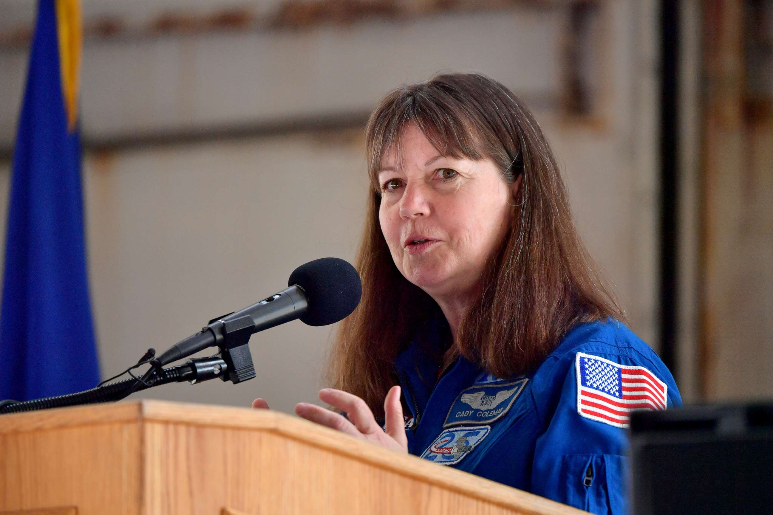 PHOTO: Astronaut Catherine Coleman speaks at the breakfast at the Great New England Air and Space Show Media Day at Westover Air Force Base in Chicopee, Mass., July 13, 2018. 