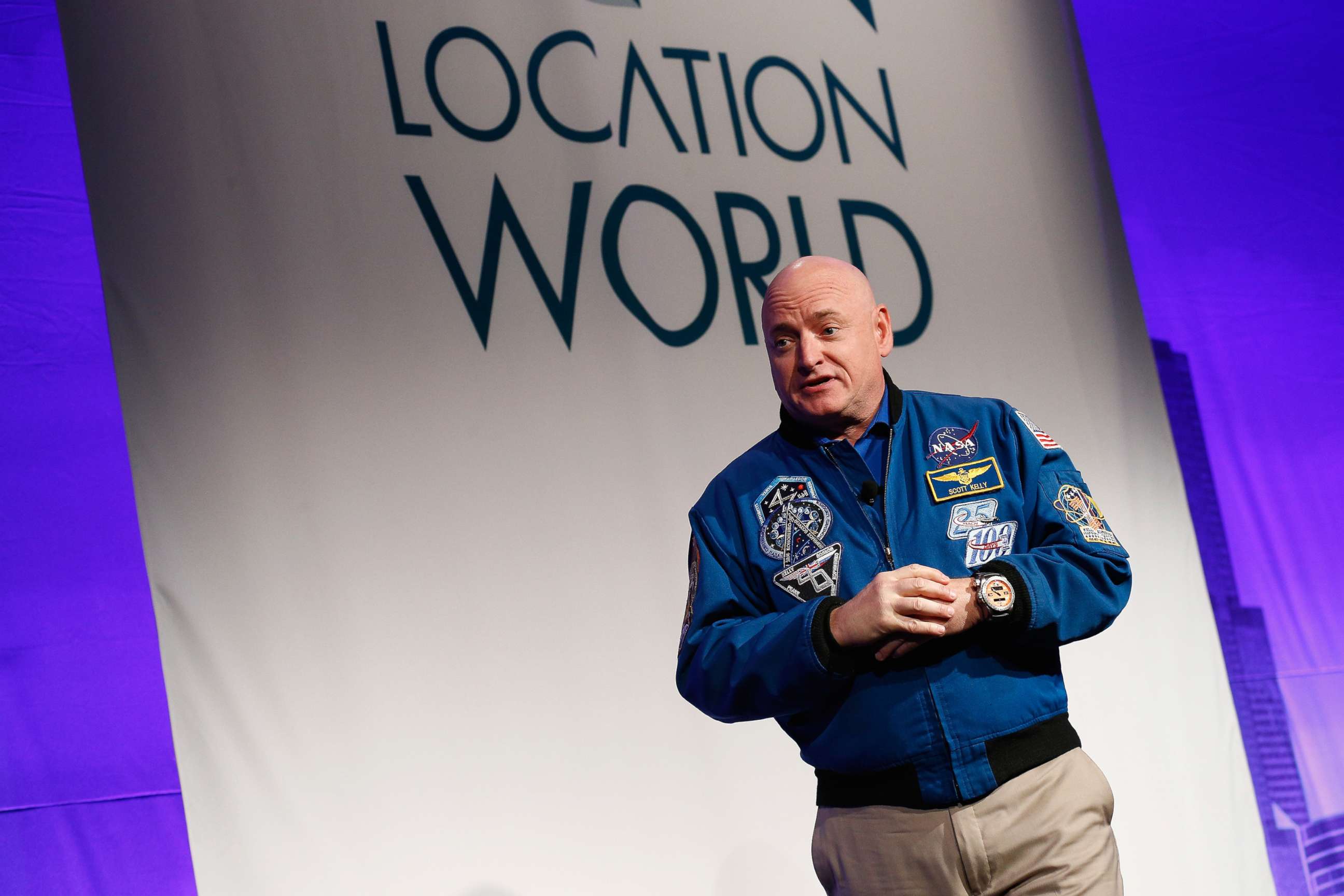 PHOTO: Captain Scott Kelly speaks on stage at LocationWorld in New York, Nov. 2, 2016.