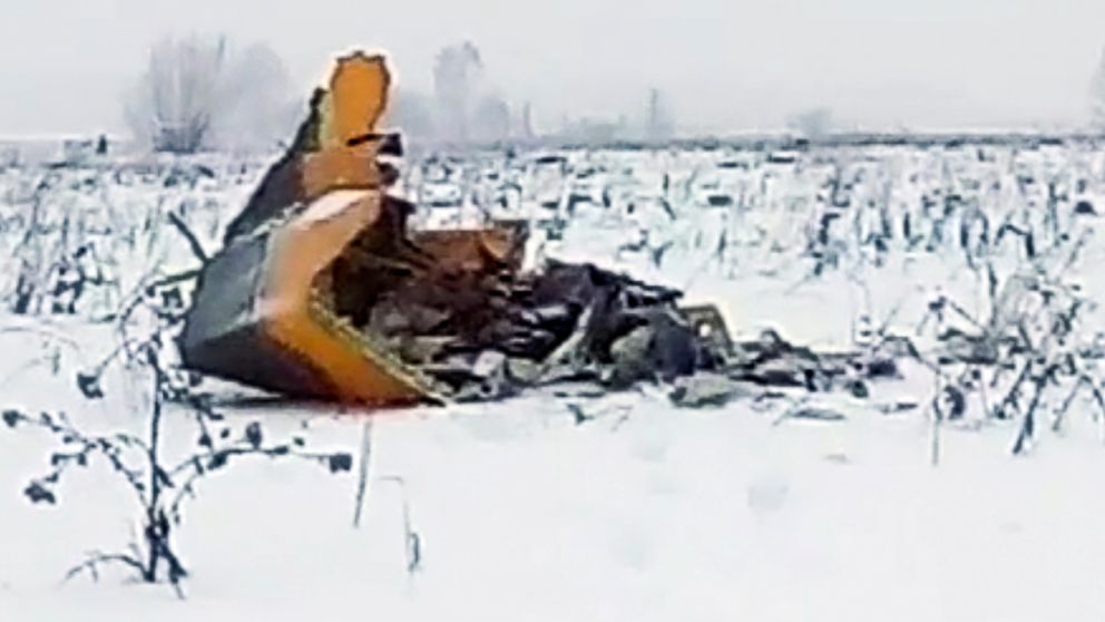 The wreckage of a AN-148 plane is seen in Stepanovskoye village, about 25 miles from the Domodedovo airport, Russia, Feb. 11, 2018, in this screen grab provided by Life.ru. Russia's Emergencies Ministry says a passenger plane has crashed near Moscow and fragments of it have been found.
