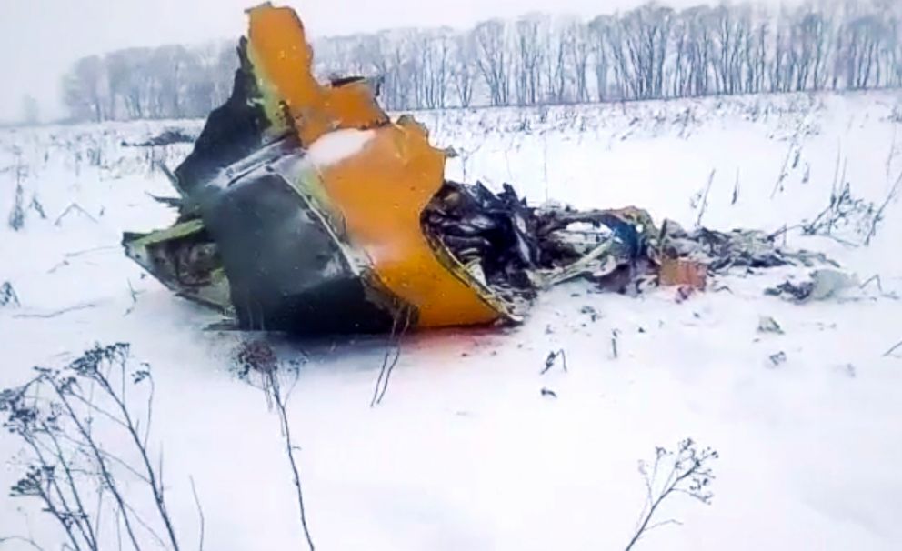 PHOTO: The wreckage of a AN-148 plane is seen in Stepanovskoye village, about 25 miles from the Domodedovo airport, Russia, Feb. 11, 2018, in this screen grab.