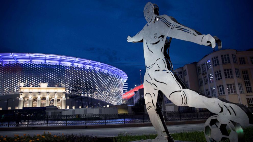 A statue is pictured in front of the Central Stadium in Ekaterinburg, Russia, on June 13, 2018.