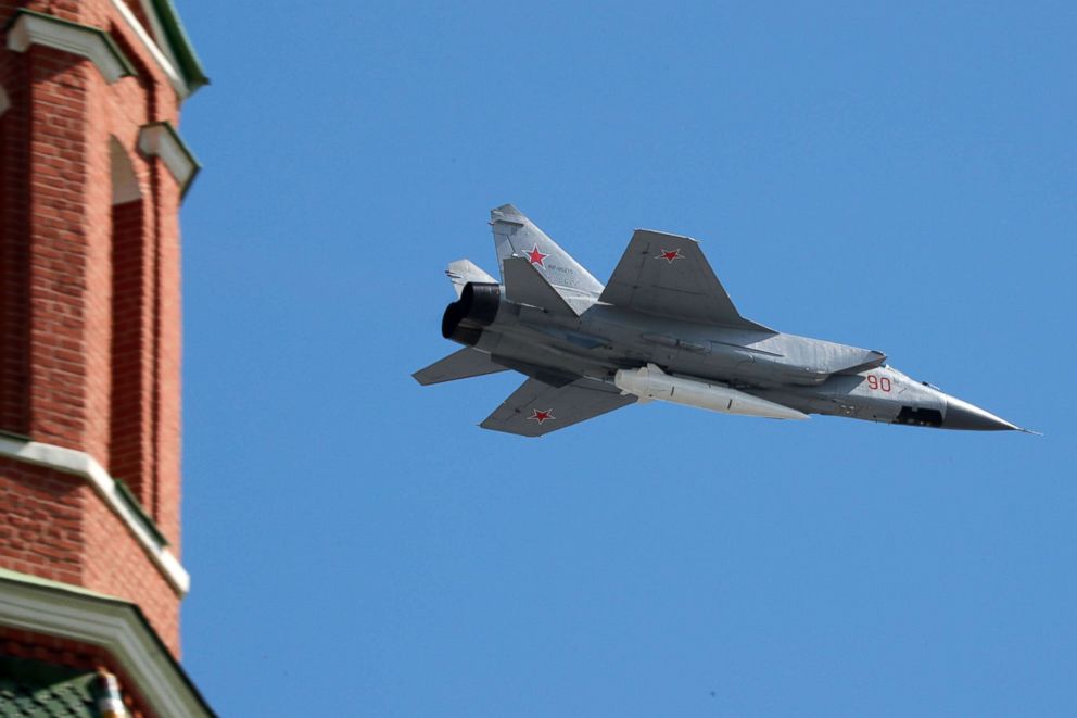 PHOTO: Russian  MIG-31 fighter, carrying a Kinzhal (Dagger) high-precision hypersonic airballistic missile, flies over Red Square during the Victory Day parade in Moscow,  May 9, 2018.