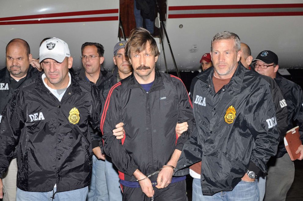 PHOTO: Former Soviet military officer and arms trafficking suspect Viktor Bout deplanes after arriving at Westchester County Airport in White Plains, N.Y., Nov. 16, 2010.