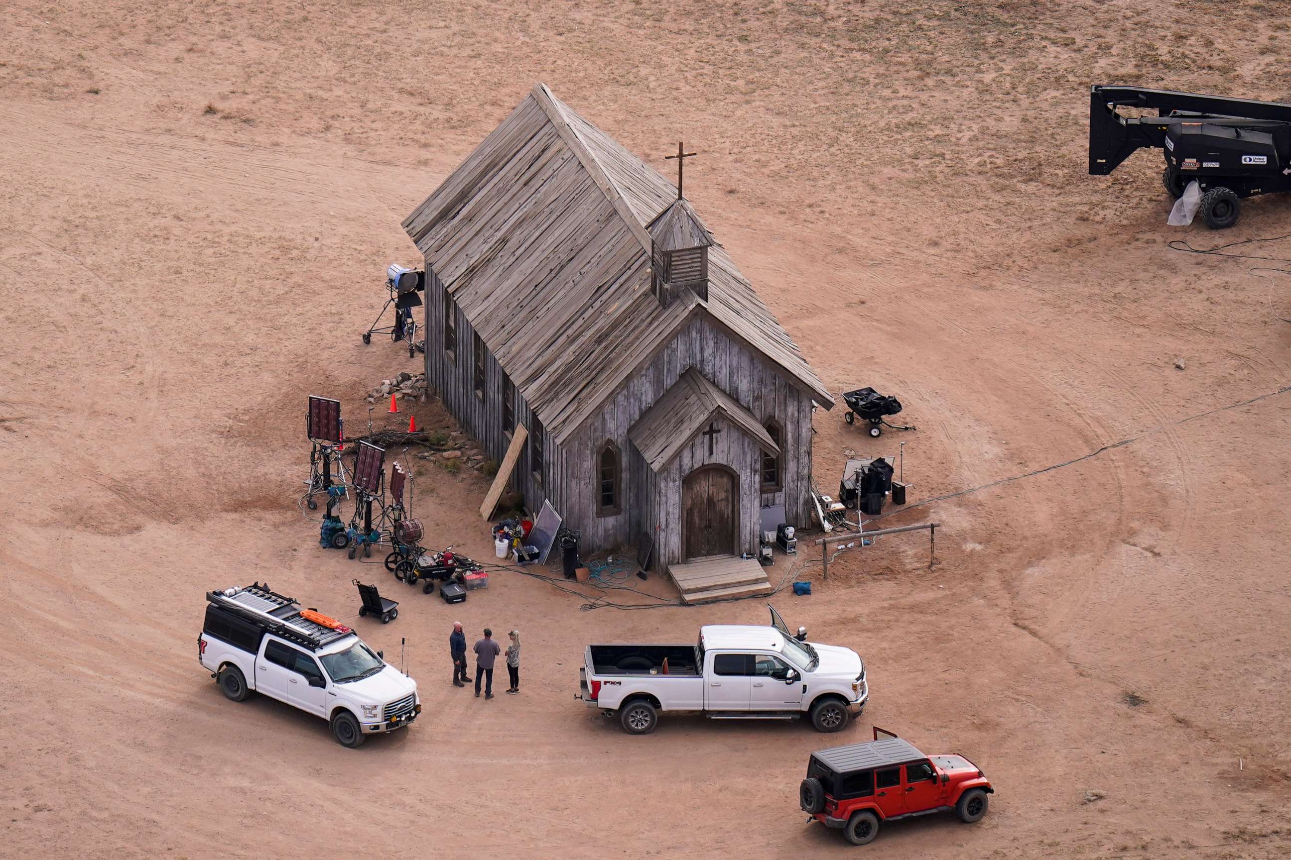 PHOTO: This aerial photo shows the movie set of "Rust" at Bonanza Creek Ranch in Santa Fe, N.M., Oct. 23, 2021.