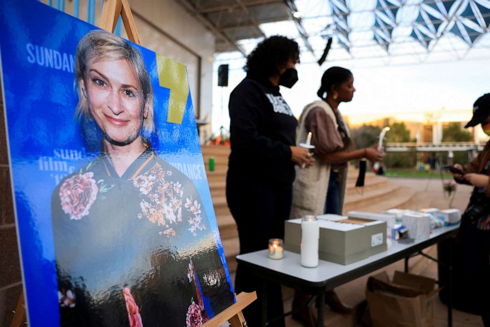 PHOTO: An image of cinematographer Halyna Hutchins, who died after being shot by Alec Baldwin on the set of his movie "Rust", is displayed at a vigil in Albuquerque, N.M., Oct. 23, 2021.