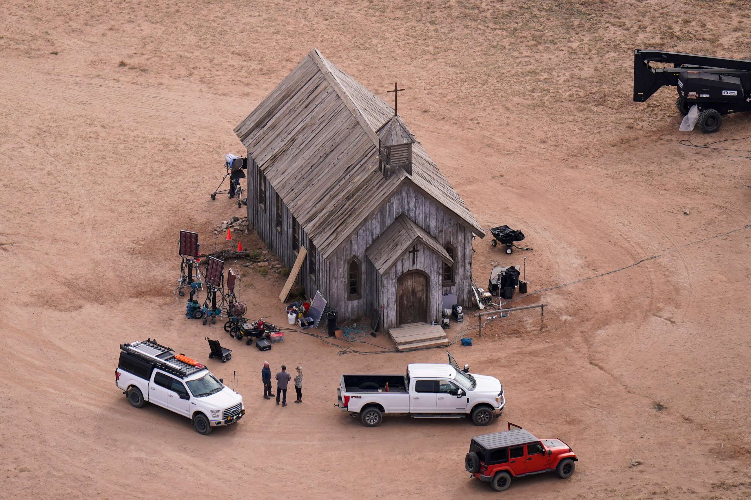 PHOTO: This aerial photo shows the movie set of "Rust" at Bonanza Creek Ranch in Santa Fe, N.M., on Oct. 23, 2021.