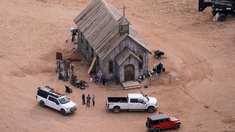 PHOTO: This aerial photo shows the film set of "rust" at Bonanza Creek Ranch in Santa Fe, NM on October 23, 2021.