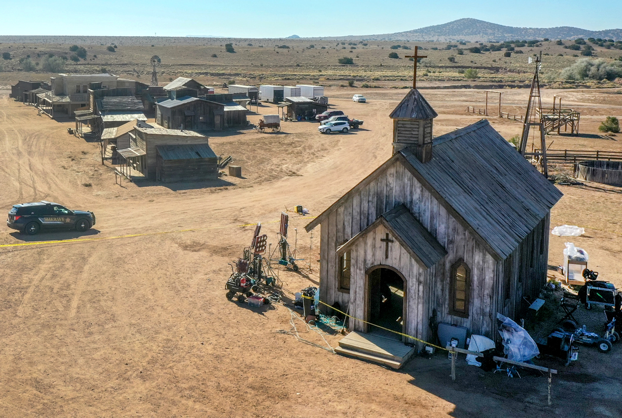 PHOTO: Santa Fe County Sheriff's deputy unit investigates at the Bonanza Creek Ranch movie set where a shooting accident involving actor Alec Baldwin took place in Santa Fe, N.M., Oct. 21, 2021. 