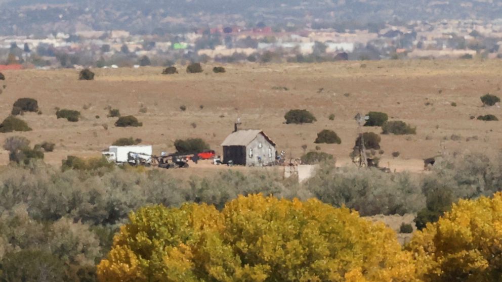 PHOTO: The film set of "Rust", where Hollywood actor Alec Baldwin fatally shot a cinematographer and wounded a director when he discharged a prop gun, is seen from a distance, in Santa Fe, N.M., Oct. 23, 2021.