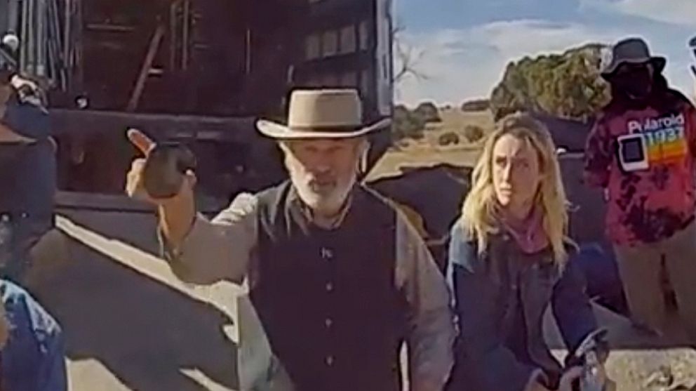 PHOTO: In this image from video released by the Santa Fe County Sheriff's Office, Alec Baldwin gestures while talking with investigators following a fatal shooting in 2021 on a movie set in Santa Fe, N.M.