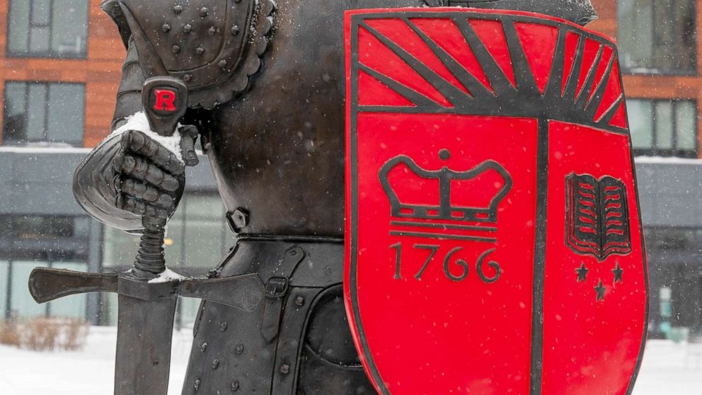 PHOTO: The Rutgers Scarlet Knight stands at the College Avenue bus stop on the corner of College Avenue and Hamilton Street on the Rutgers campus in New Brunswick, N.J., Feb. 18, 2021.