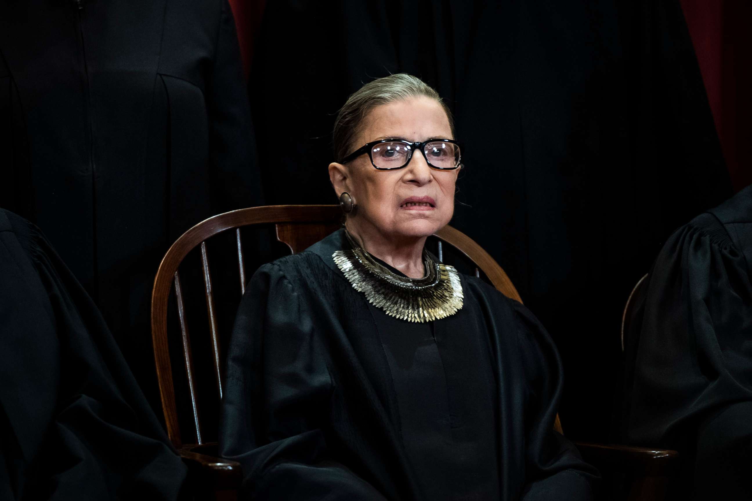 PHOTO: Associate Justice Ruth Bader Ginsburg poses with other Justices of the United States Supreme Court during their official group photo at the Supreme Court, Nov. 30, 2018, in Washington, D.C.