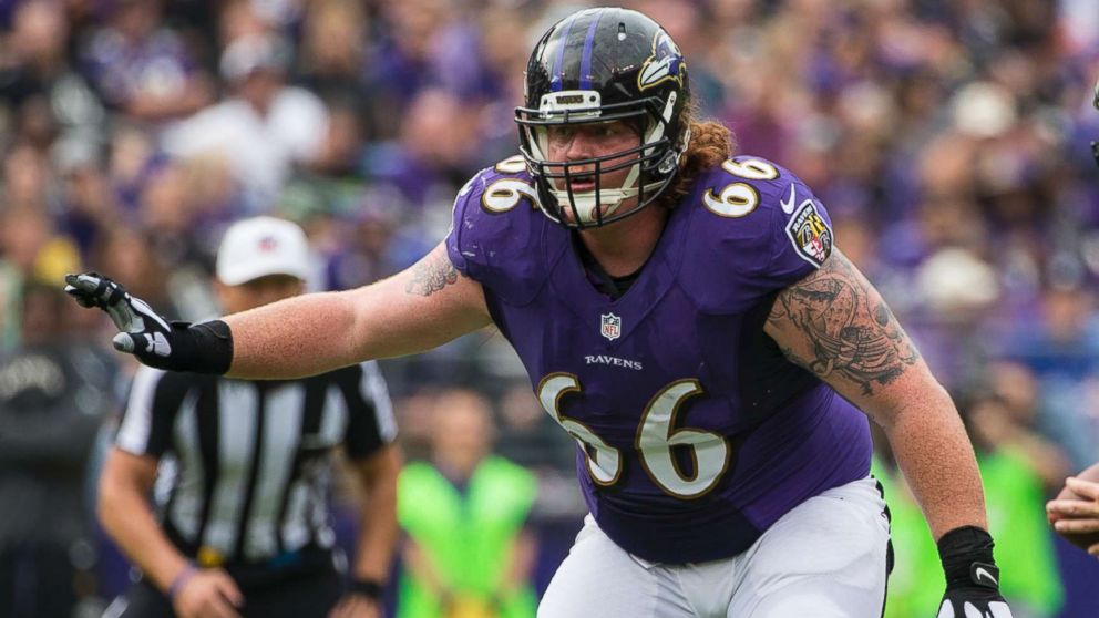 Baltimore Ravens guard Ryan Jensen (66) blocks against the Oakland Raiders, Oct. 2, 2016, in Baltimore. 