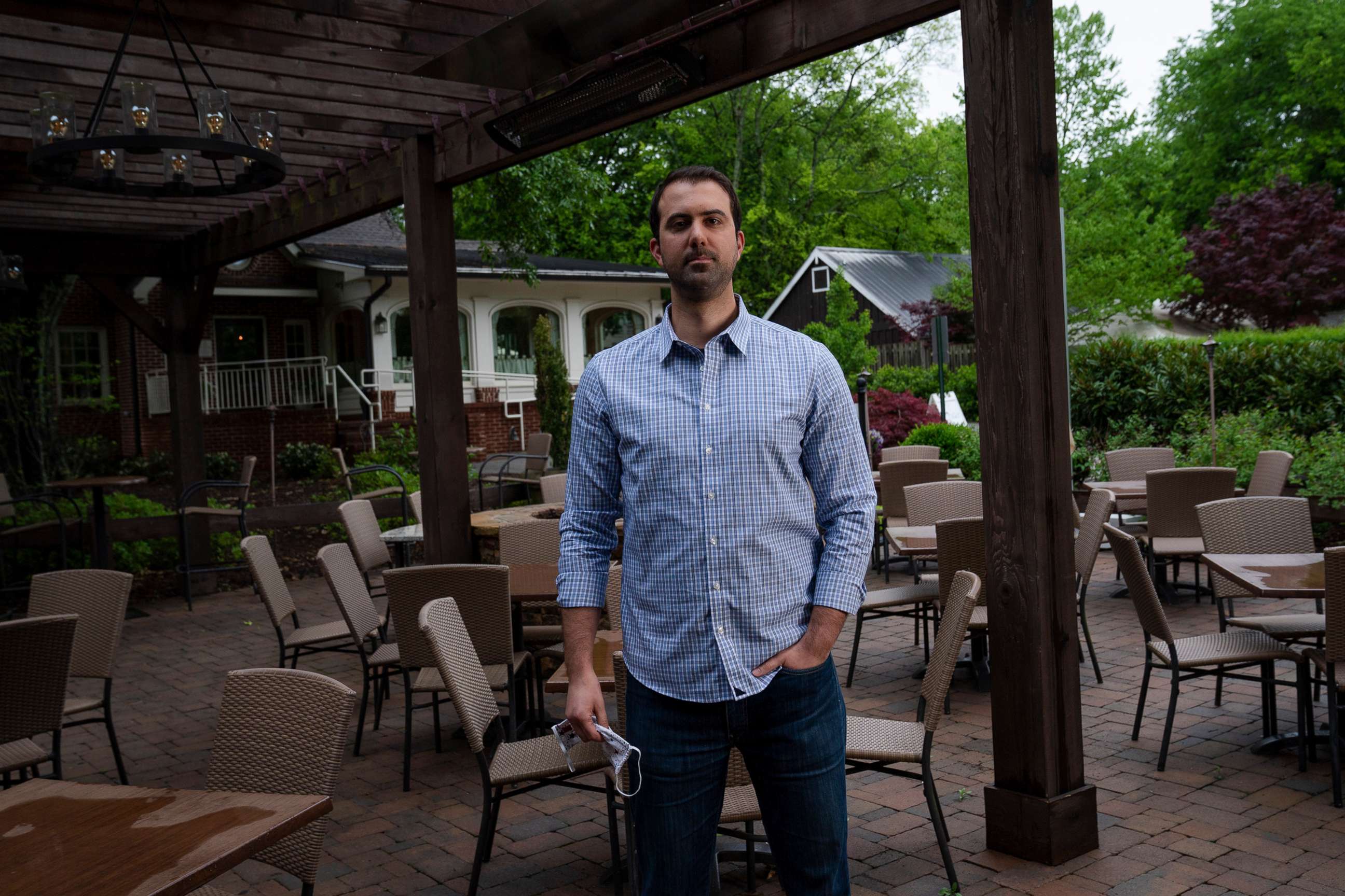 PHOTO: Ryan Pernice, the owner of Osteria Mattone, who hopes to start serving customers on his patio in May, is shown in Roswell, Ga., April 23, 2020. 