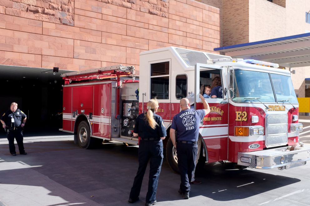 PHOTO: Sutherland Springs shooting victim Ryland Ward takes his ride home in a firetruck after his release from the hospital, Jan. 11, 2018.